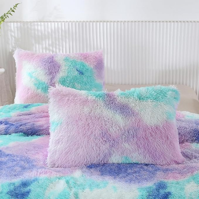 PERFEMET 3 Pcs Faux Fur Purple Comforter Set Queen Fluffy Shaggy Tie Dye Bedding Set for Girls Colorful Rainbow Ultra Soft Plush Velvet Furry Bedding Quilt Set(Purple, Queen)