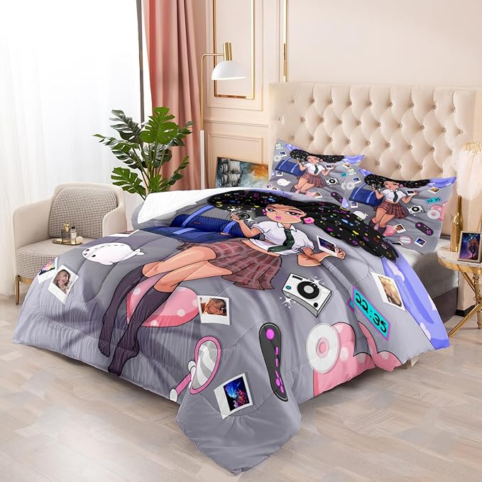 African Black Girl Bedding Set Full Comforter Set for Girls Bedroom Decor Black Girl Comforter Set with 2 Pillowcases Kids Comforter Sets Gifts for Girls Kids Teens