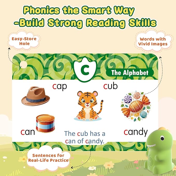 HOMESTEC Phonics Flash Cards with Talking Dino Reader Pen, Learn to Read for Kids Ages 3-6, Early Learning Educational Toy for Kindergarten, Homeschool & Speech Therapy