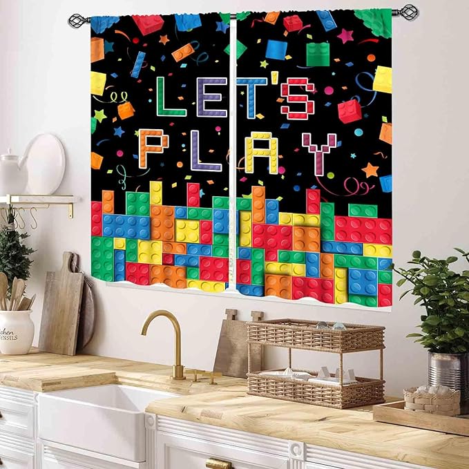 Kids Boys Curtains for Bedroom, Colorful Building Blocks Plastic Brick Pattern Abstract Contour Printed Blackout Drapes for Boys Room Living Room Nursery Party Decor 2 Panels, 55x39 Inch