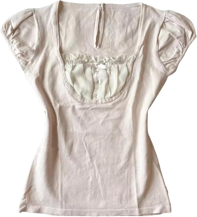 Grunge Emo Goth Shirts Y2k Lace Bow Coquette Babydoll Tops Women Vintage Graphic Tee 2000s Summer Crop Tops