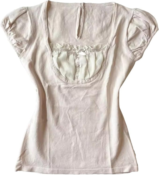 Grunge Emo Goth Shirts Y2k Lace Bow Coquette Babydoll Tops Women Vintage Graphic Tee 2000s Summer Crop Tops