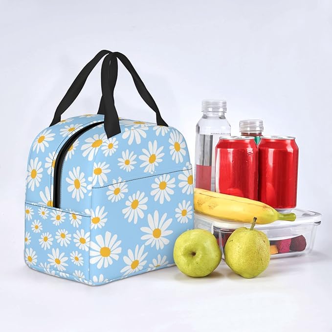 Pretty Floral Daisy Light Blue Lunch Bag Insulated Lunch Box Reusable Lunchbox Waterproof Portable Lunch Tote For Women Girls