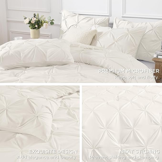 Andency Ivory Comforter Set Oversized Queen(98x98Inch), 3 Pieces Comforter for Girls Kids, Soft Microfiber Pinch Pleat Comforter Set, All Season Lightweight Bedding Set