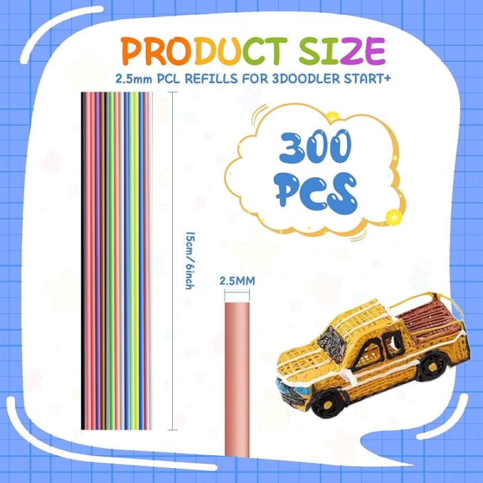 300 Pieces 3D Pen Refills Pack for 3Doodler Start+ Pen 15 Colors 2.5 mm Low Temperature 3D Pencil PCL Filaments Not Compatible with Other 3D Printing Pens