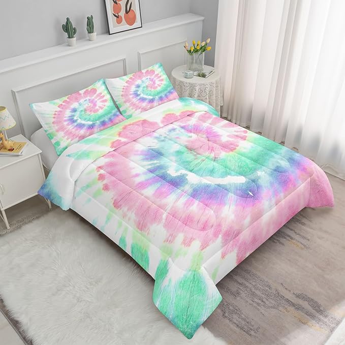 Tie Dye Comforter Set Pink Green Spiral Printed Pattern Bedding Set with 1 Comforter and 2 Pillowcases for Girls Boys Bedroom All Season(Pink Spiral Full)