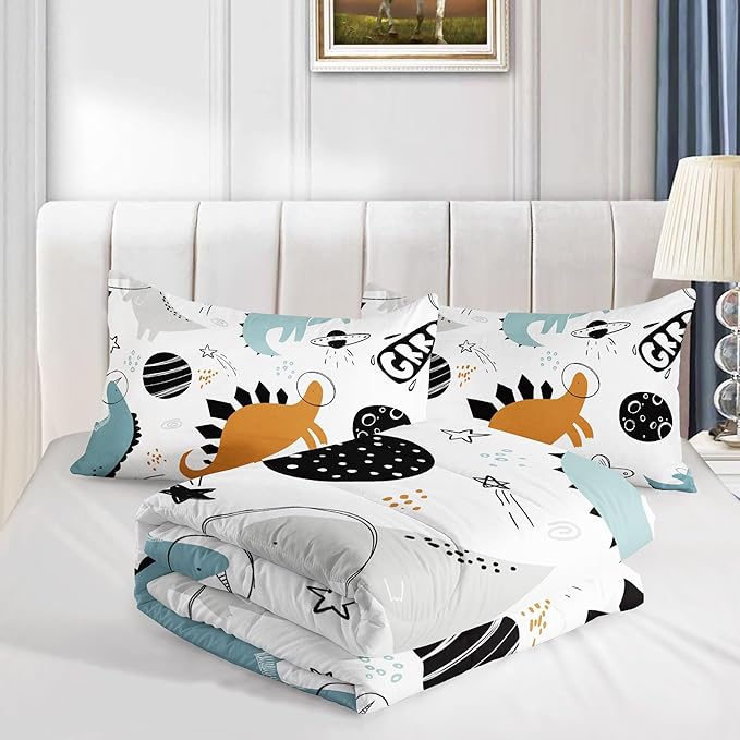 Kids Comforter Set Cartoon Dinosaur Planet Printed Pattern Bedding Set with 1 Comforter and 2 Pillowcases for Girls Boys Bedroom All Season(Cartoon Dinosaur Planet Twin)