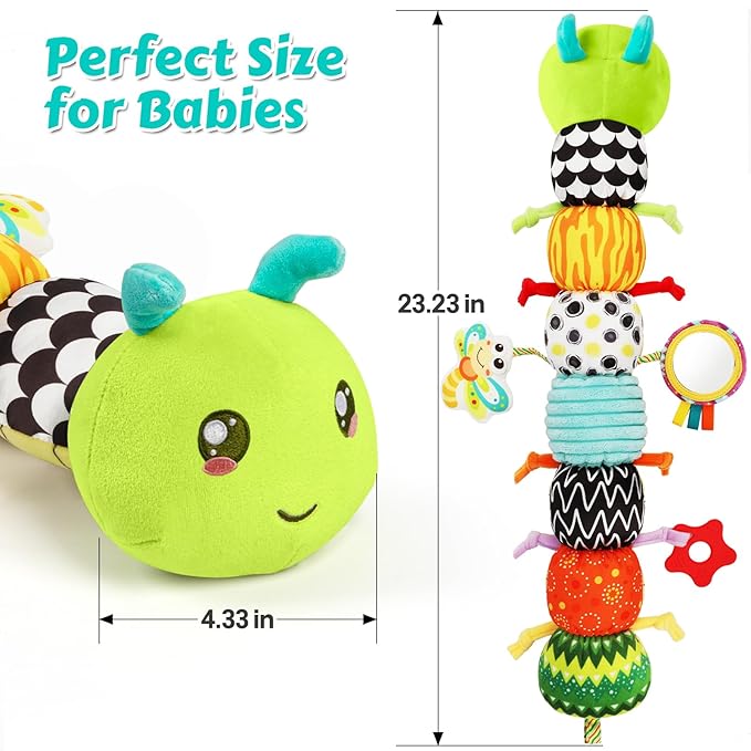 Baby Sensory Toys for 0-6 6-12 Months, Musical Stuffed Caterpillar Toy with Crinkle Rattle Mirror, Baby Essentials Infant Tummy Time Toys for 3 6 9 12 18 Months, Newborn Boys Girls Shower Gifts