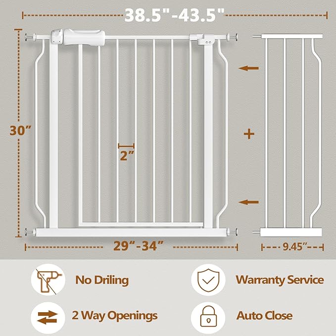 Baby Gate for Doorways Stairs Hallway 38.5 to 43.5 Inch Wide, Walk Through Child Gates with Pressure Mounted Extention Kit, Indoor Safety Child Gates for Kids or Pets