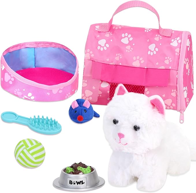 Sophia's 18" Doll 10 pc. White Plush Kitten, Carrier, and Accessories