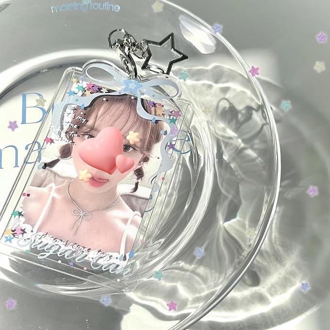 Blue Bow Acrylic Kpop Photocard Holder with Metal Keychain, Fits Standard 3-Inch Kpop Cards, Portable ID Badge Holder for Collectible Cards, Personal or Fan Gift Accessory