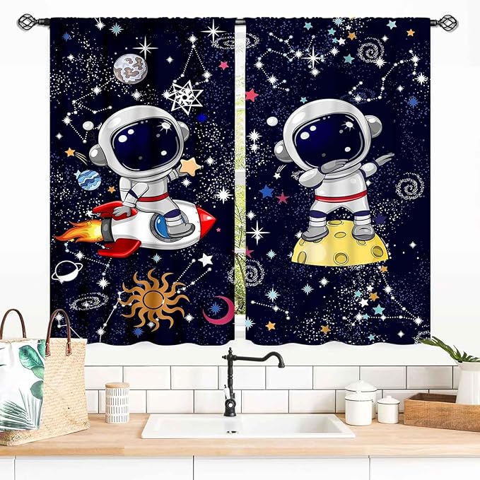 Galaxy Curtains, Cartoon Astronaut Universe Outer Space Star Planets Blackout Window Drapery Treatments for Kids Boys Bedroom Living Room Nursery Playroom 2 Panels, 55x39 Inch