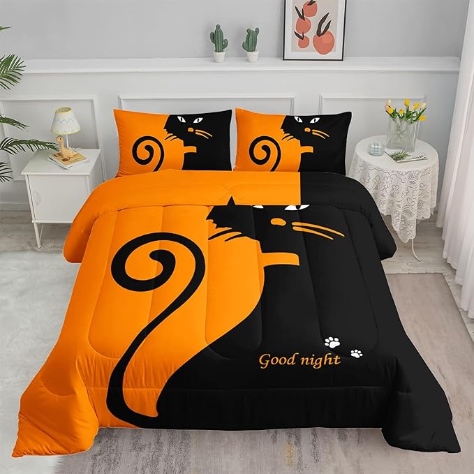 Cute Cat Comforter Set Orange Animal Printed Bedding Set with 1 Comforter and 2 Pillowcases for Boys and Girls Bedroom All Season(Cat Twin)
