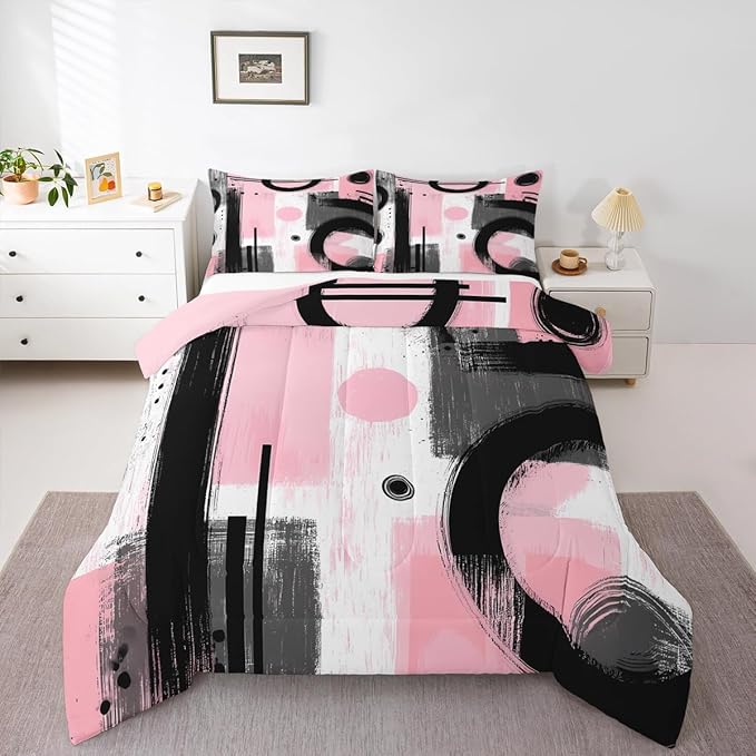 Feelyou Kids Abstract Art Comforter Set Toddler Size Geometric Bedding Set for Boys Girls Teens Bedroom Decor Geometric Pink Grey Black Comforter Women Men Modern Duvet Set with 1 Pillow Case