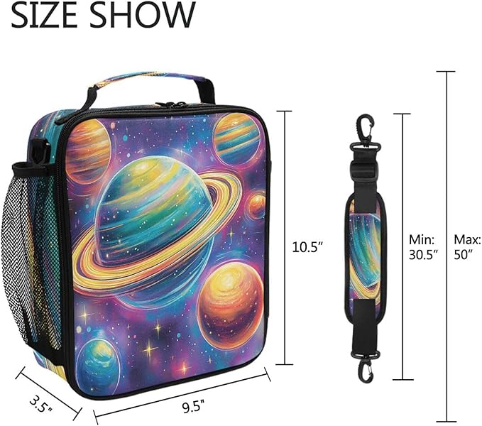 Kids Lunch Box Colorful Planets Stars Insulated Lunch Bags Boys Girls with Adjustable Strap Cooler Meal Box School Office