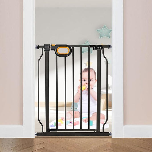 owlie Small Narrow Baby Gate for Stairs Doorways Hallways 23.6-27.6 Inch Wide Pressure Mounted Baby Gate Walk Through Child Gates Toddler Dogs Pet Indoor Stairway Doorway Black (30.5'' Tall)