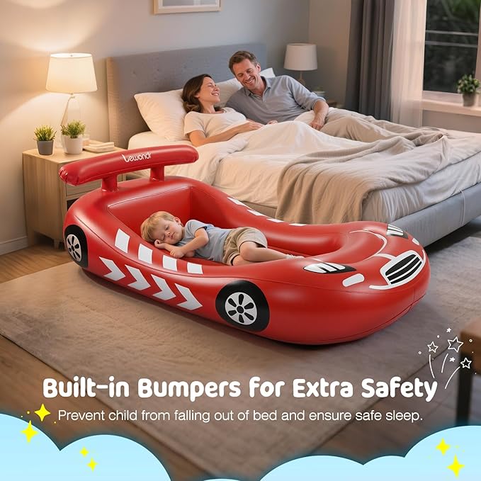 Lewondr Inflatable Kids Bed, Racecar Toddler Air Mattress with Safety Bumpers, Toddler Blow up Mattress with Hand Pump, Portable Toddler Travel Bed for Camping, Sleepovers, Vacation & Home, Red