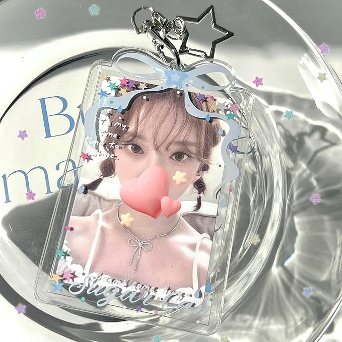 Blue Bow Acrylic Kpop Photocard Holder with Metal Keychain, Fits Standard 3-Inch Kpop Cards, Portable ID Badge Holder for Collectible Cards, Personal or Fan Gift Accessory