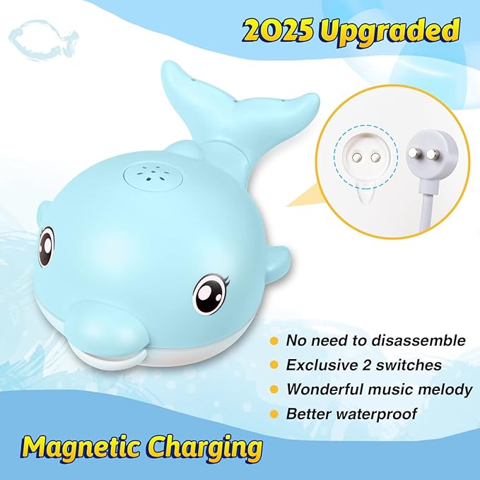 Baby Bath Toys, 2025 Upgraded Magnetic Charging Toddler Bath Toys for Kids Ages 1-3, Light Up Dolphin Bath Toy Sprinkler, Birthday Gifts Infant Baby Toys 6-12-18 Months- Blue
