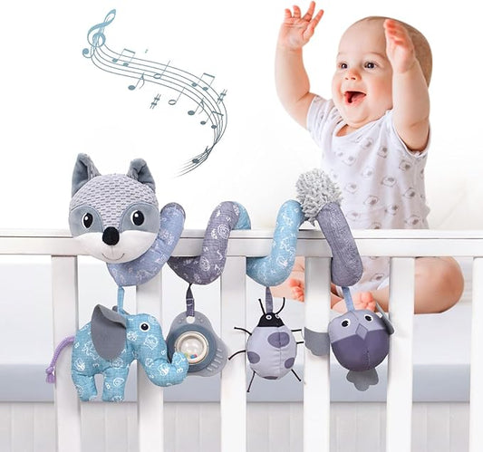 Jollybaby Crib Stroller Car Seat Toys for Baby 0-3-6-9-12 Months, Tummy Time Hanging Sensory Toys for Newborn with Music Box and Teether, Spiral Carseat Toy for Infant Boys Girls Gifts (12-Grey Fox)