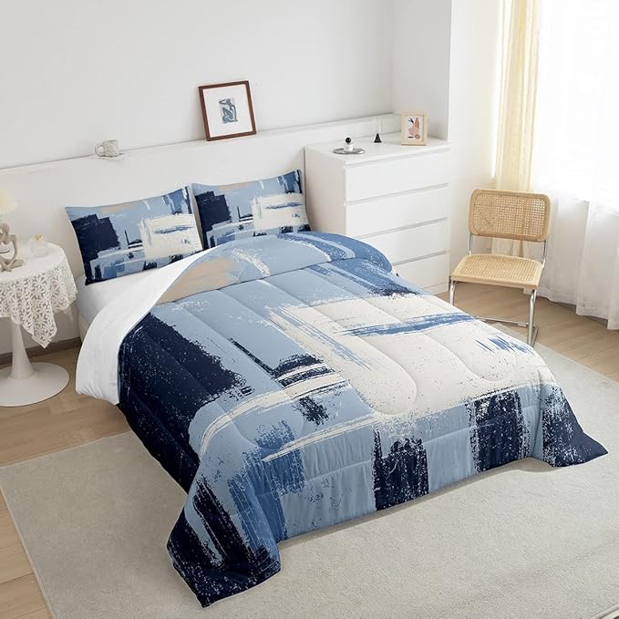 Feelyou Abstract Bedding Set Comforter Set for Kids Boys Girls Teens Room Decor Modern Abstract Art Comforter Light Blue Black Grey Duvet Set 2Pcs Twin Size