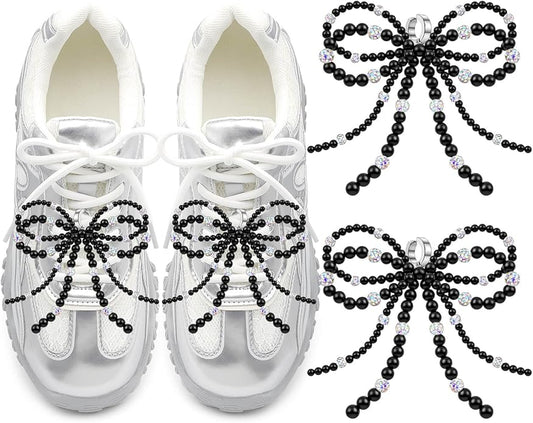 DELELE Pearl Bowknot Shoe Charms: Pearls Bow Sneakers Decorations for Women 2Pcs