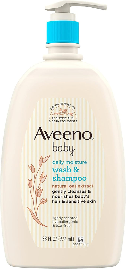 Aveeno Baby Daily Moisture Body Wash & Shampoo with Oat Extract, Hypoallergenic, Tear-Free, No Added Parabens, pH-Balanced Formula For Sensitive Hair & Skin, Baby Essentials, 33 fl oz