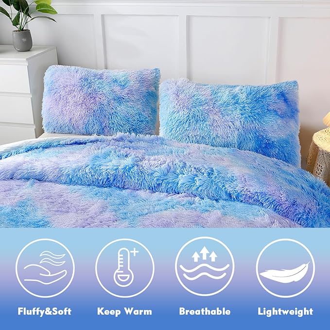 PERFEMET 3 Pcs Fluffy Faux Fur Comforter Full Size Plush Flannel Furry Blue Bedding Set Soft Tie Dye Velvet Fuzzy Comforter Set for Girls(Blue, Full)