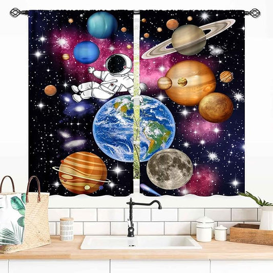 Galaxy Curtains for Bedroom, Solar System Universe Outer Space Planet Astronaut Blackout Window Drapery Treatments for Kids Boys Room Living Room Nursery Playroom 2 Panels, 55x39 Inch