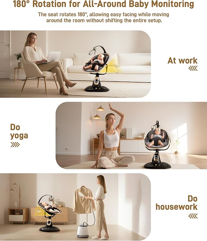 Baby Swing for Infants to Toddler, Electric Baby Swing with Sturdy Shield-Shaped Base, 180° Rotation Portable Infant Swing for Newborn Baby Boy Girl Up to 20 lbs, 5-Speeds & 12 Preset Lullabies, Black