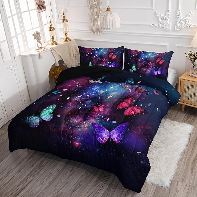 3D Butterfly Comforter Set Starry Sky Galaxy Printed Bedding Set with 1 Comforter and 2 Pillowcases for Boys and Girls Bedroom All Season(Butterfly-2 Twin)