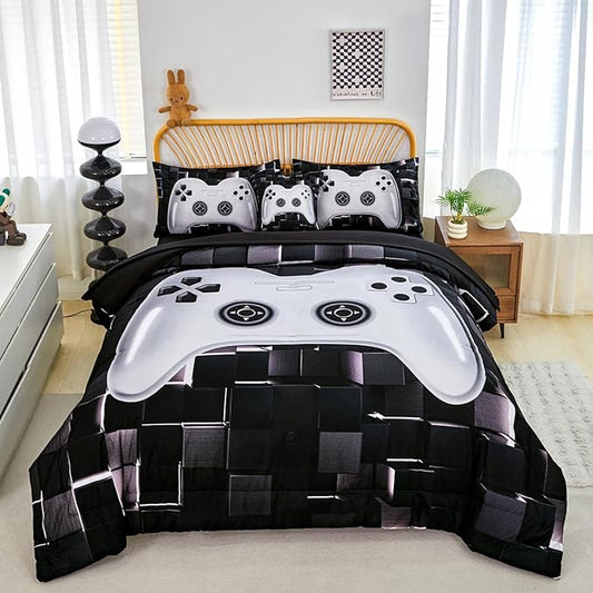PERFEMET 6 Pcs Kids Bedding Sets for Boys Twin Size Black White Gamer Comforter with Sheet Set Soft Fluffy Gaming Bed Set Lightweight Comfy Game Bed in A Bag for All Season(White, Twin)