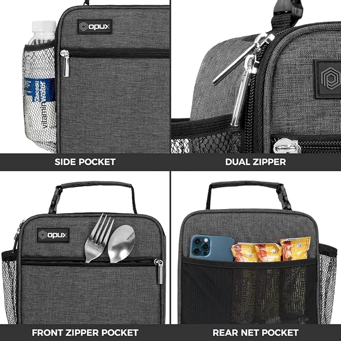opux Insulated Lunch Bag Kids, Leakproof Soft Lunch Box for Boys Girls, School Lunch Cooler Bag, Small Lunch Bags for Men Women Adults Teen, Reusable Lunchbox Pail for Work, Heather Charcoal