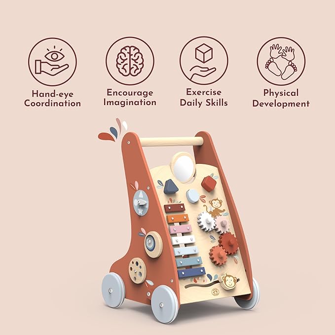 SPEEDY MONKEY Multi-Activity Wooden Baby Walker | 9-in-1 Toddler Toy Includes Shape Sorter, Bead Maze, Xylophone, Blocks & More | Learning Toy for Fine Motor Skill, Early Development & Balance