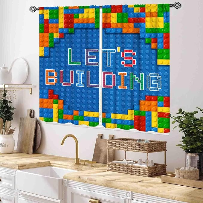Kids Boys Curtains for Bedroom, Colorful Building Blocks Plastic Brick Pattern Abstract Contour Printed Blue Blackout Drapes for Boys Room Living Room Nursery Party Decor, 55x39 Inch