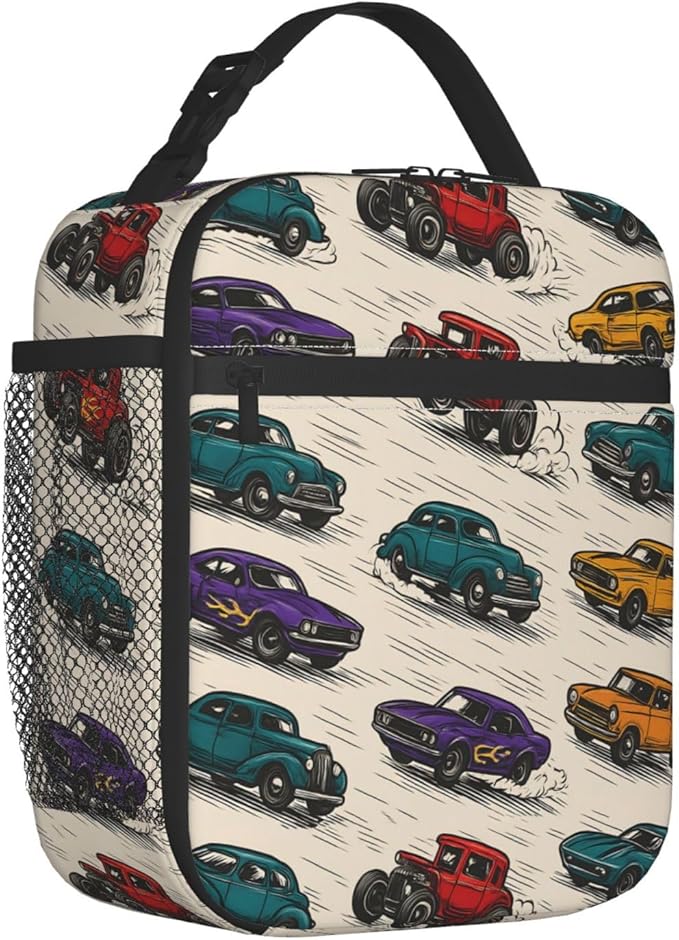 Racing Car Lunch Box for Boys Kids, Vintage Hot Rod Muscle Vehicle Reusable Thermal Insulation Cooler Tote Bags, Retro Sports Lover Insulated Bag for School Picnic Camping Outdoor Travel, Gifts