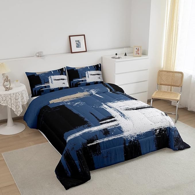 Feelyou Abstract Bedding Set Comforter Set for Kids Boys Girls Teens Room Decor Modern Abstract Art Comforter Blue Black Grey Duvet Set 3Pcs Full Size