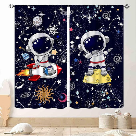 Galaxy Curtains, Cartoon Astronaut Universe Outer Space Star Planets Blackout Window Drapery Treatments for Kids Boys Bedroom Living Room Nursery Playroom 2 Panels, 84"x84" Inch
