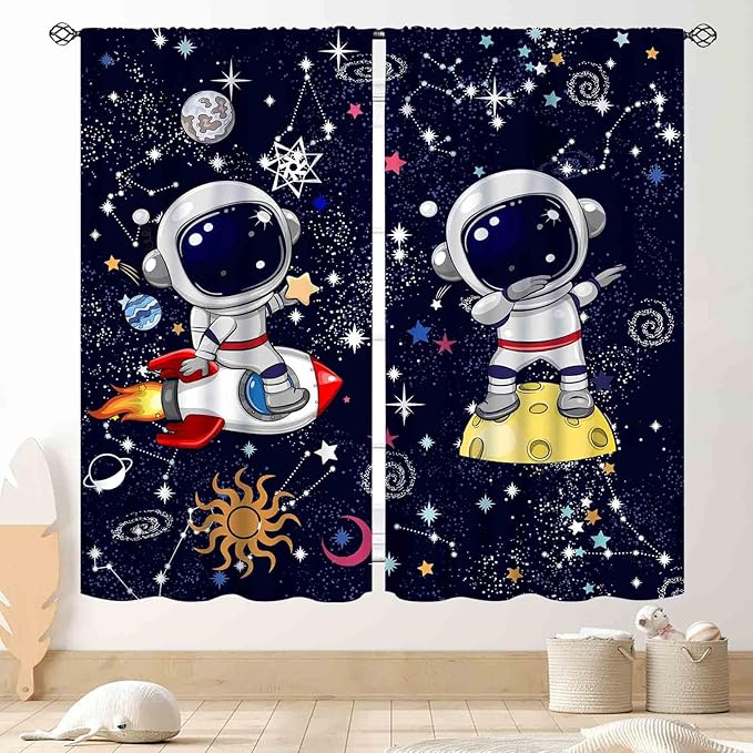 Galaxy Curtains, Cartoon Astronaut Universe Outer Space Star Planets Blackout Window Drapery Treatments for Kids Boys Bedroom Living Room Nursery Playroom 2 Panels, 42"x63" Inch