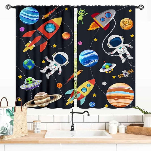 Kids Space Curtains for Boys Room, Cartoon Universe Galaxy Space Planet Astronaut Anime Boys Kids Girls Window Drapery Treatments for Bedroom Living Room Nursery 2 Panels, 55x39 Inch