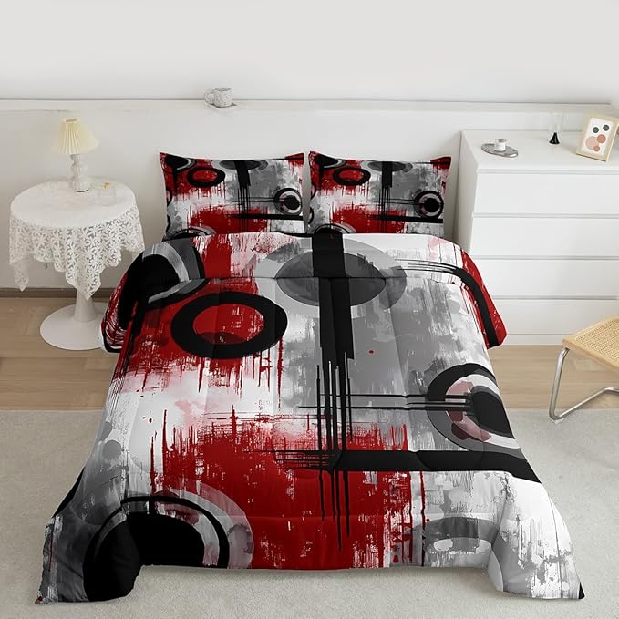 Feelyou Kids Abstract Comforter Set Twin Size Modern Art Bedding Set for Boys Girls Teens Bedroom Decor Geometric Comforter Women Men Geometric Red Black Duvet Set with 1 Pillow Case