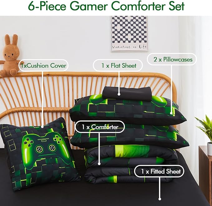 PERFEMET 6 Pcs Gaming Bedding Set Queen Size Green Game Console Kids Bed in A Bag 3D Black Gamer Comforter Set with Sheets for Boys Teen Lightweight Video Gamepad Bedroom Set(Green, Queen)