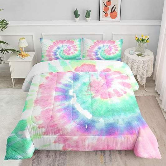 Tie Dye Comforter Set Pink Green Spiral Printed Pattern Bedding Set with 1 Comforter and 2 Pillowcases for Girls Boys Bedroom All Season(Pink Spiral Full)