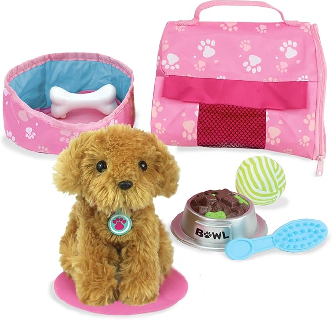 Sophia's Golden Plush Puppy Dog and Accessories Set with Leash, Food Bowl, Brush, Ball, Bone, Bed, Blanket, and Carrier Sized for 18" Dolls, Multicolor