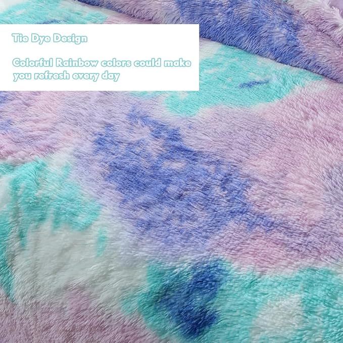 PERFEMET 3 Pcs Faux Fur Purple Comforter Set Queen Fluffy Shaggy Tie Dye Bedding Set for Girls Colorful Rainbow Ultra Soft Plush Velvet Furry Bedding Quilt Set(Purple, Queen)