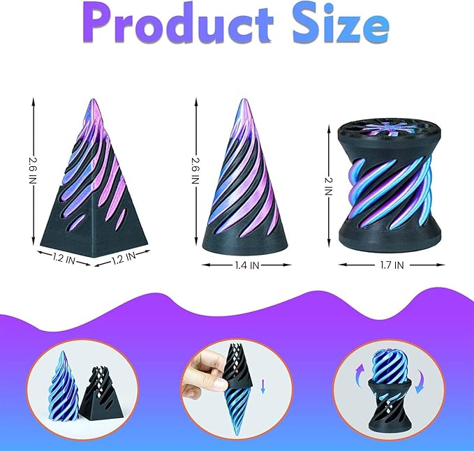 3PCS Impossible Cone,3D Printed Spiral Cone Fidget Toys,Impossible Pyramid Passthrough Sculpture,Stress Relieving Toys for Adults and Kids,Stocking Filler White Elephant Gifts (Purple+Black)