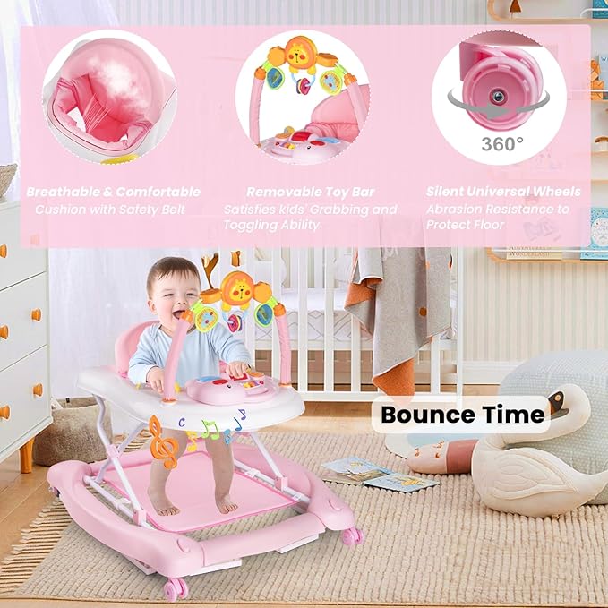 5-in-1 Baby Walker, Baby Walkers for Boys Girls 6-12 Months, Foldable Activity Walker, Toddler Infant Walker with Bouncer, Adjustable Height, Removable Footrest, Feeding Tray, Music