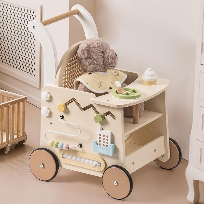 ROBOTIME Wooden Baby Walker, Baby Push Walker, Baby Activity Center Toys - Toddler Walking Activity Center Push Toys with Safety Brake, Baby Walker for Motor Skills (Rattan Doll Walker)