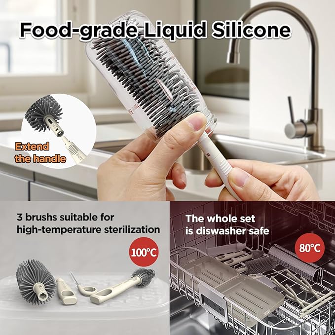 YOTIME Travel Bottle Brush Set, Auto-Open Rack & Vertical Brushs Drying Slots, 3 Brushes, Foldable Drying Rack, Dispenser, Travel Baby Essentials for On-The-Go Parents, Coffee