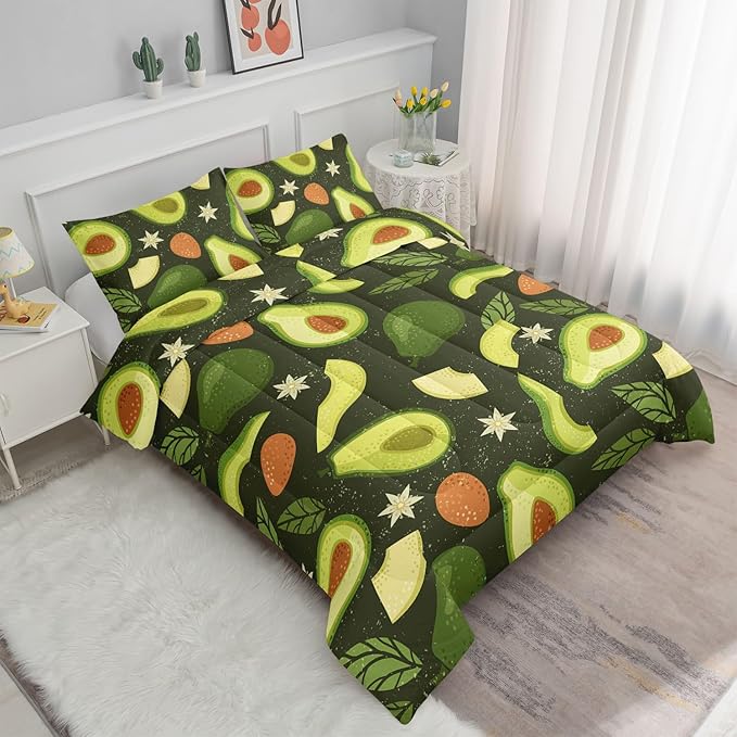 Kids Comforter Set Avocado Printed Pattern Bedding Set with 1 Comforter and 2 Pillowcases for Girls Boys Bedroom All Season(Avocado Twin)